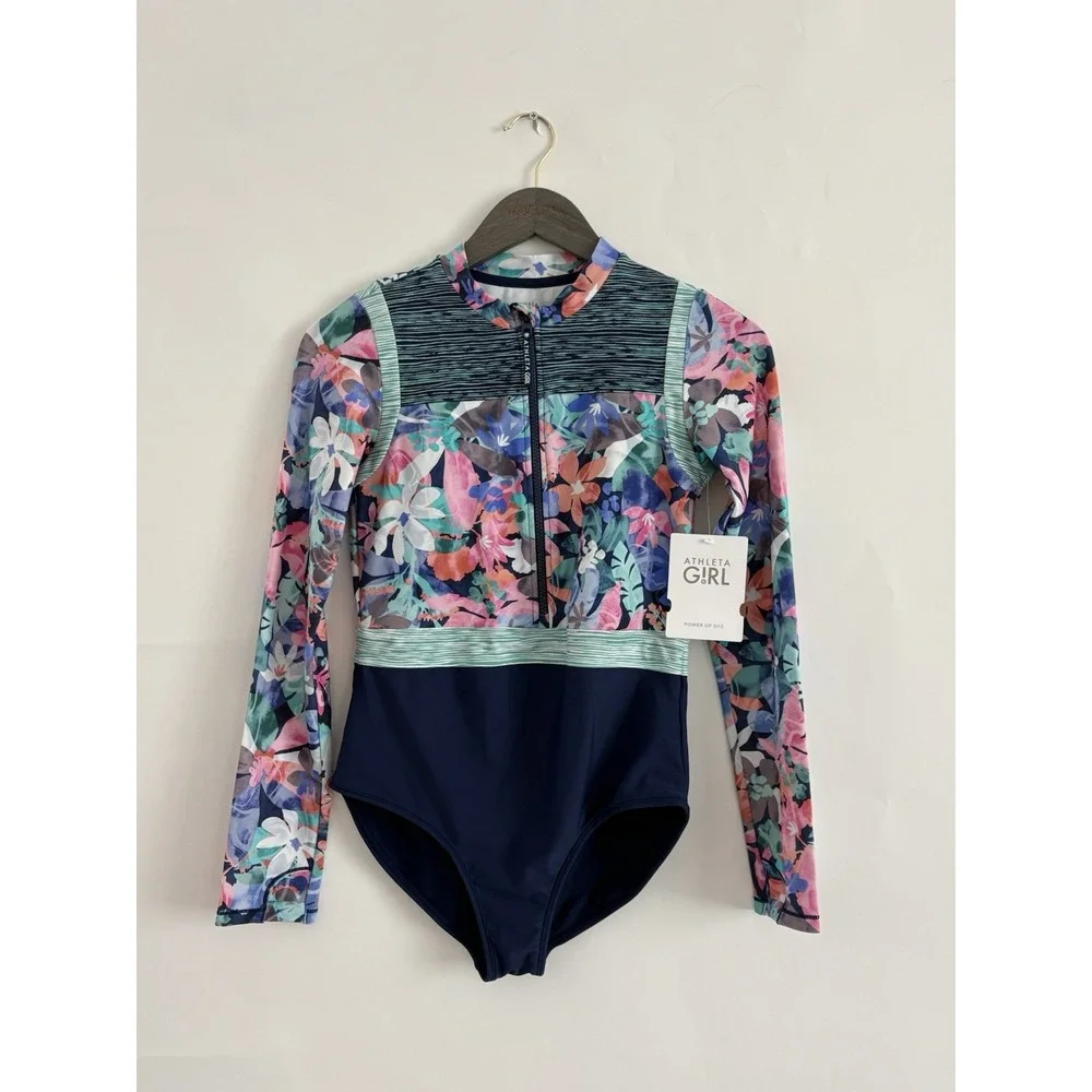 Athleta Girl Girls Sz XXL 16 Long Sleeve One Piece Swimsuit Zip Up Floral Print